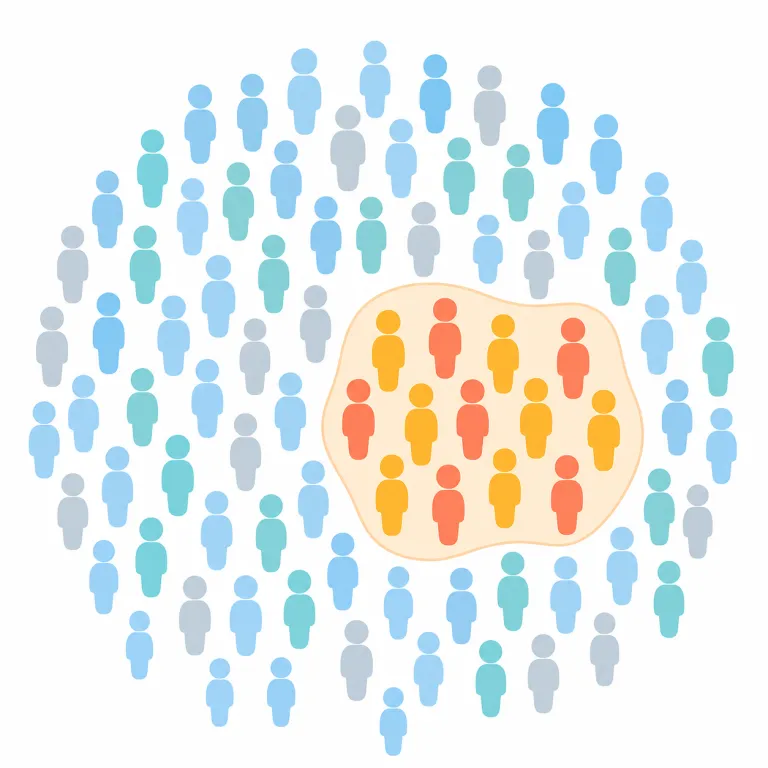 subpopulation（部分母集団・名詞）の覚え方イラスト — population が「人口・集団」と分かれば、subpopulation は sub-「下位・部分」付きで「大きな集団の中の一部」と押さえやすいです