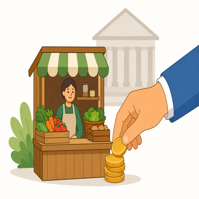subsidy（補助金・名詞）の覚え方イラスト — subsidy はまず support や aid に近い「外から支えるお金」とまとめて覚えると入りやすい語です