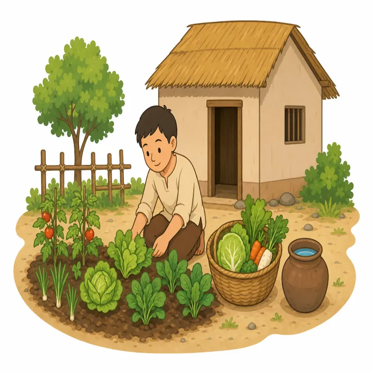 subsistence（生計、自給自足の生活・名詞）の覚え方イラスト — このエントリでは subsistence を、単なる「最低限の生活水準」ではなく、生活を成り立たせる手段としての「生計」や、自分たちで食料を作って暮らす「自給自足…