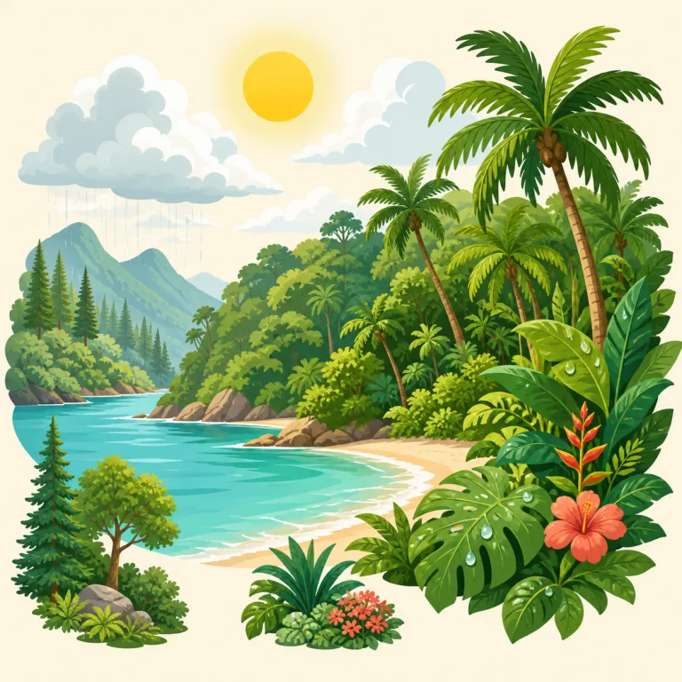 subtropical（亜熱帯・形容詞）の覚え方イラスト — まず tropical＝「熱帯の」を軸に置き、sub- が「下・やや不足」を表す接頭辞だと押さえると、subtropical は「熱帯そのものではないが、かなり熱帯寄り」と覚…
