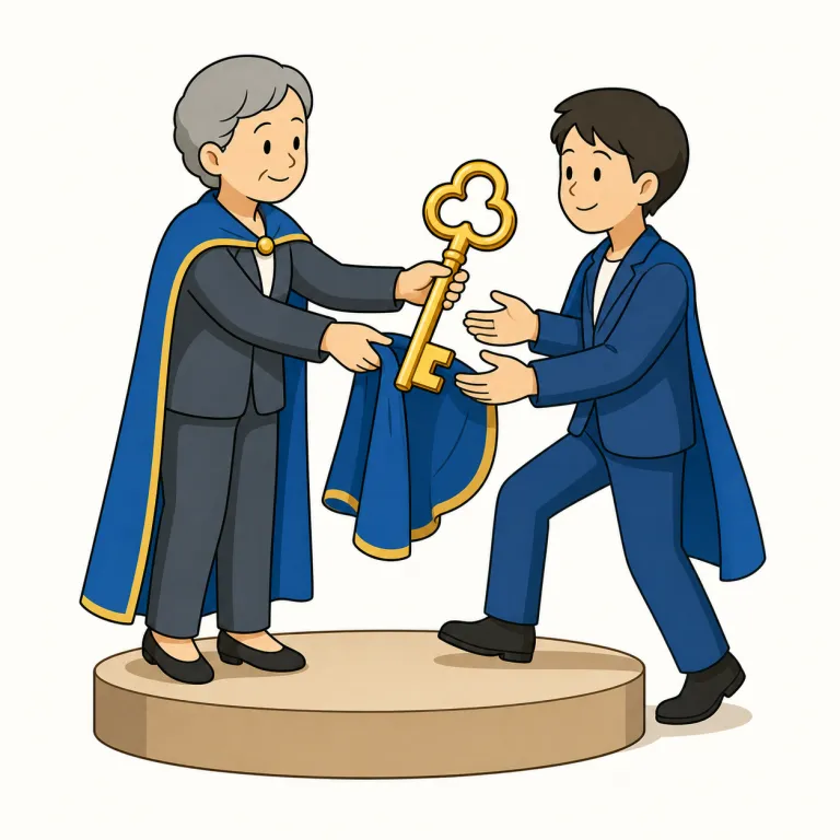 succeed（継ぐ／後を継ぐ・verb）の覚え方イラスト
