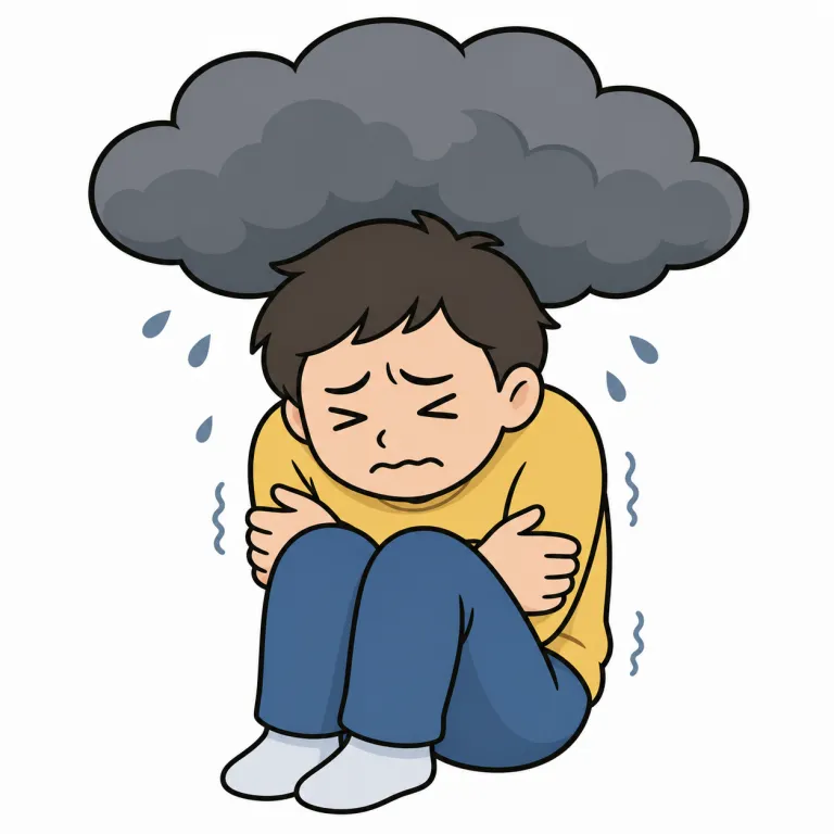suffering（苦しんでいる・adjective）の覚え方イラスト