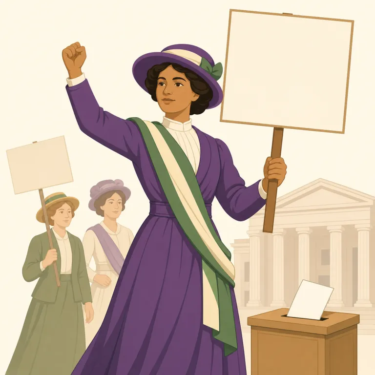 suffragette（婦人参政権活動家・名詞）の覚え方イラスト — まず中心に suffrage「参政権・投票権」を置くと覚えやすい語です