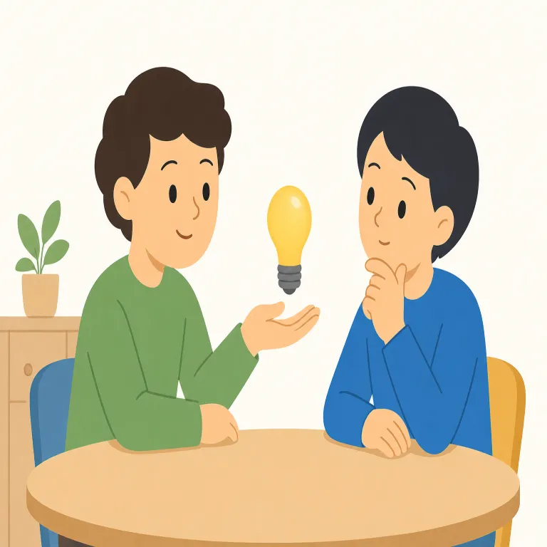 suggest（提案する・動詞）の覚え方イラスト — suggest は、相手に考えてほしい案や方法を「提案する」意味です