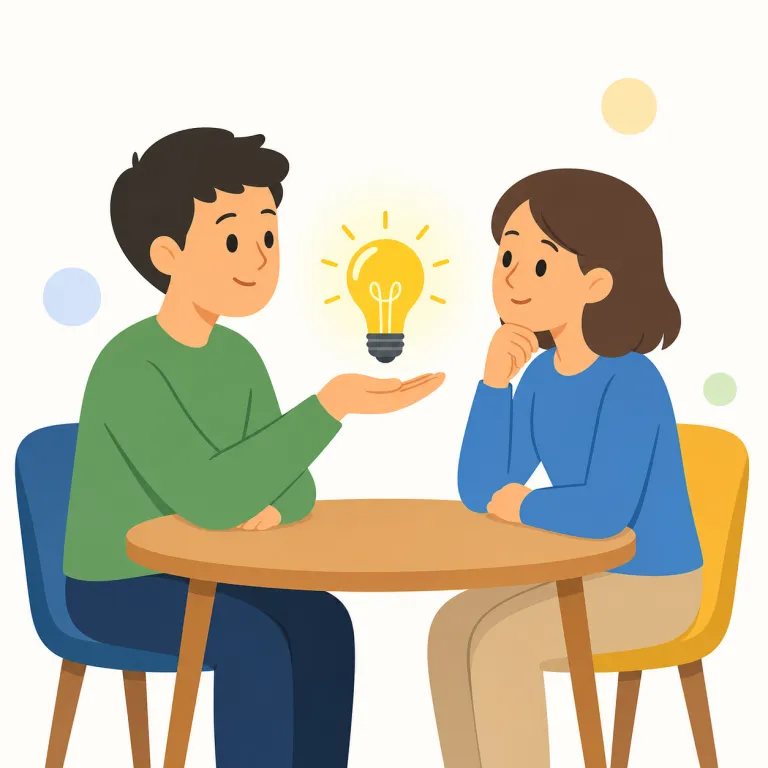 suggestion（提案・名詞）の覚え方イラスト — suggestion は suggest「提案する」に名詞語尾 -ion が付いた形で、「こうしてはどうか」と相手に差し出す案や助言を表します