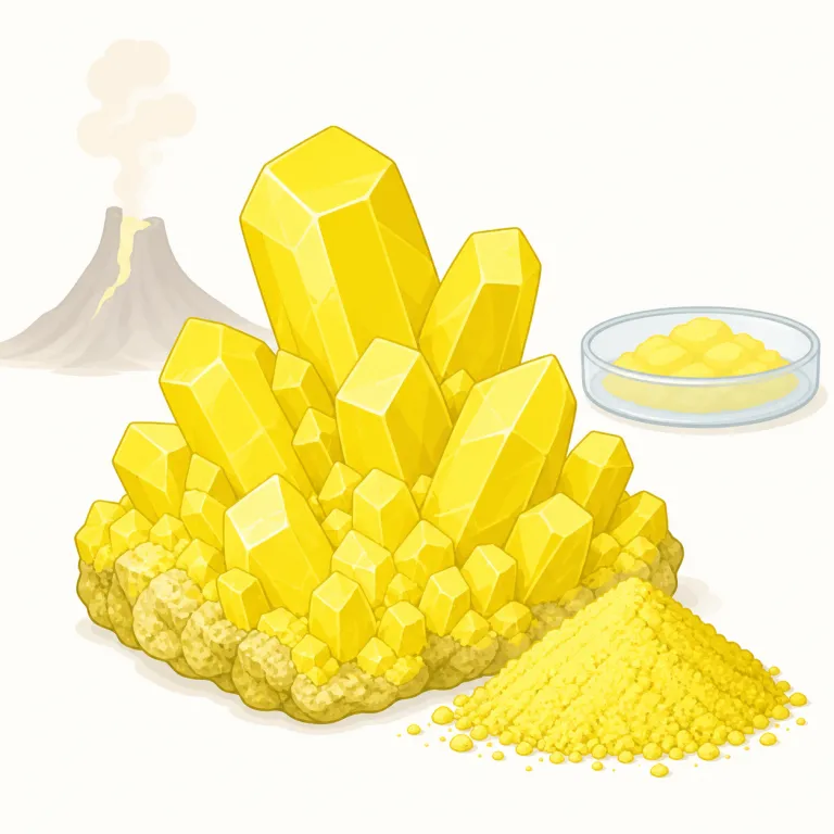 sulfur（硫黄・名詞）の覚え方イラスト — 化学語彙で sul- / sulf- が見えたら、まず「硫黄グループかも」と当たりをつけると覚えやすい