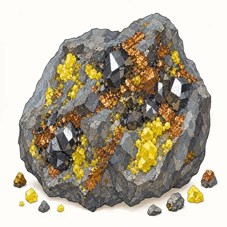 sulphide（硫化物・名詞）の覚え方イラスト — sulphide は、硫黄が他の元素、特に金属と結びついた「硫化物」という化学物質名として覚えます