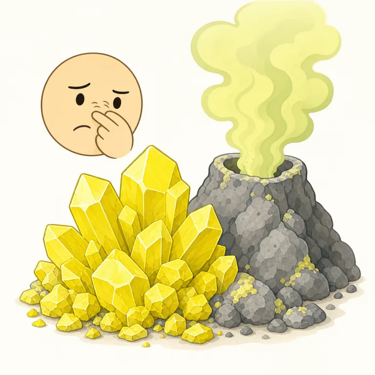 sulphurous（硫黄っぽい・形容詞）の覚え方イラスト — sulphur（硫黄）に、性質を表す形容詞語尾 -ous が付いた形と見ると覚えやすいです