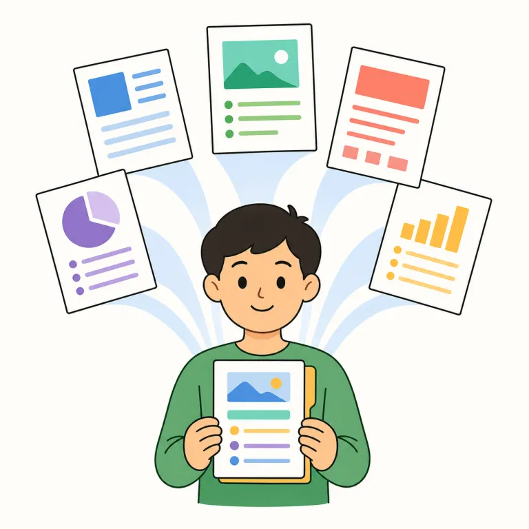 sum up（要約する・句動詞）の覚え方イラスト — sum up の「要約する」は、数字を足す sum から広げて、話や情報の要点を一つに集める使い方です