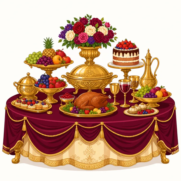 sumptuous（贅沢な・形容詞）の覚え方イラスト — luxurious や lavish に近い「豪華な」だが、sumptuous は特に食事・内装・衣装などが見た目にも豊かで、ぜいたくさが強く伝わる語