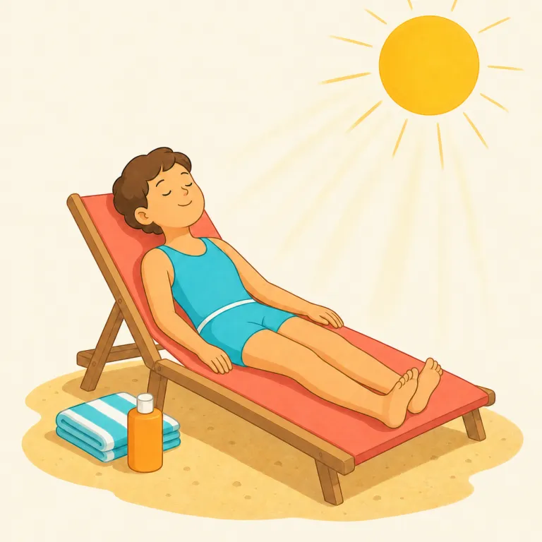 sunbathe（日光浴する・動詞）の覚え方イラスト — sun＋bathe の複合語