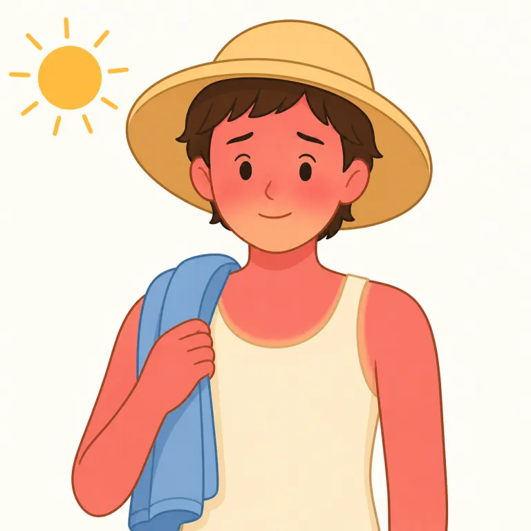 sunburned（日焼けした・形容詞）の覚え方イラスト — sun + burn + -ed で、そのまま「太陽で焼かれた状態」と見れば覚えやすい語です