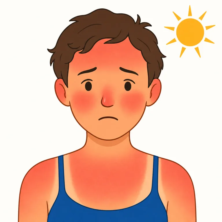 sunburnt（日焼けした・形容詞）の覚え方イラスト — sun + burnt で「太陽に焼かれた」と分けると覚えやすい