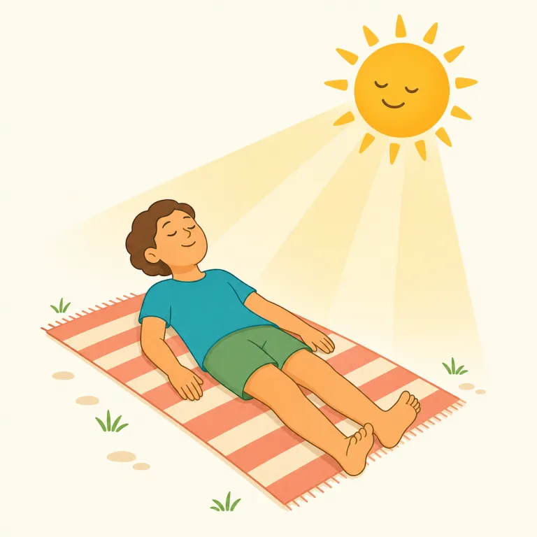 sunning（日なたぼっこする、日に当たって暖まる・動詞）の覚え方イラスト — まず sun がそのまま入っているので、「太陽の下に身を置く動作」と結びつけると覚えやすいです