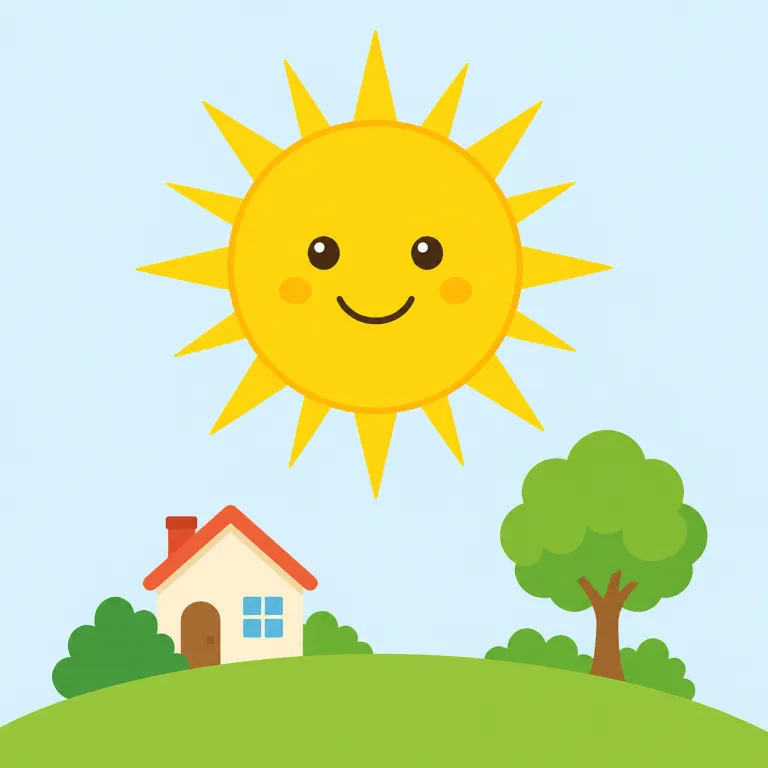 sunny（晴れた・形容詞）の覚え方イラスト — sunny は sun「太陽」＋ -y「〜に満ちた」と考えると、「太陽の光がある、晴れた」という意味につながります