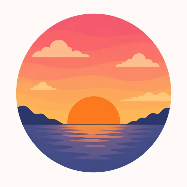 sunset（日没・名詞）の覚え方イラスト — このエントリの sunset は、空の色そのものを指す「夕焼け」ではなく、太陽が地平線の下に沈む時点、つまり「日没」を表す意味として覚えます