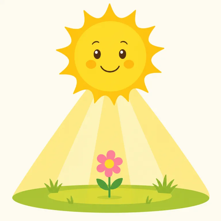 sunshine（日差し・名詞）の覚え方イラスト — sunshine は sun「太陽」＋ shine「輝く」から、太陽が直接きらきら降り注ぐ光そのものを思い浮かべると覚えやすいです