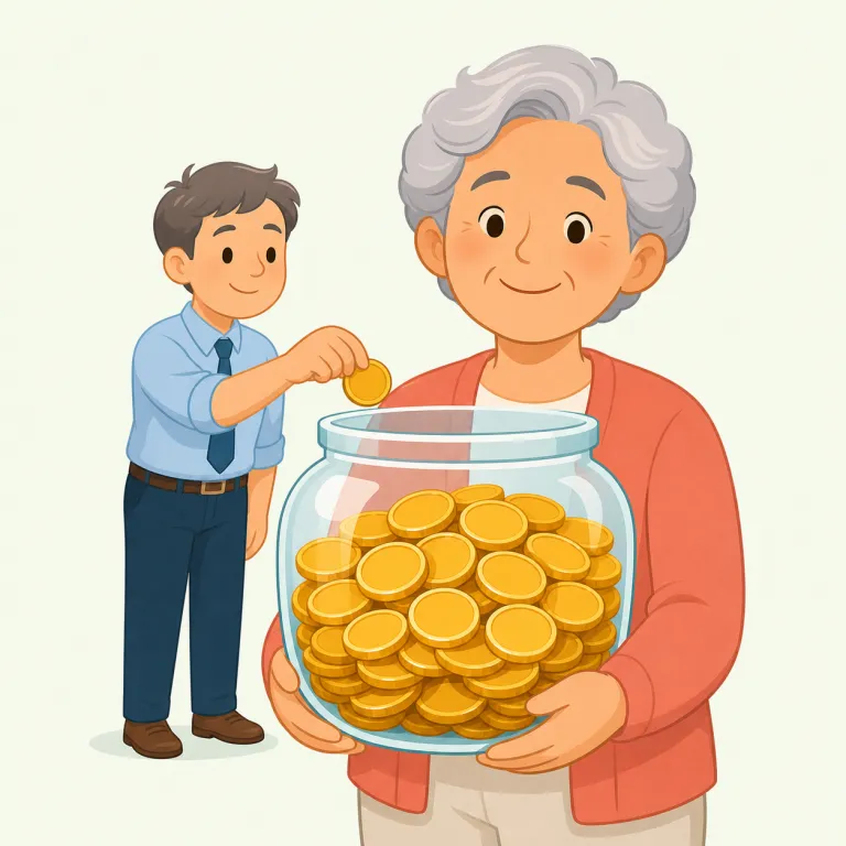 superannuation（年金・名詞）の覚え方イラスト — super- は「上に・超えて」、annual は「毎年の」と知っていると、superannuation は「毎年積み上がって、仕事を終えた後を支えるお金の仕組み」とつなげ…