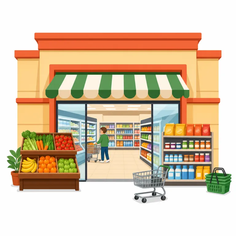 supermarket（スーパーマーケット・名詞）の覚え方イラスト