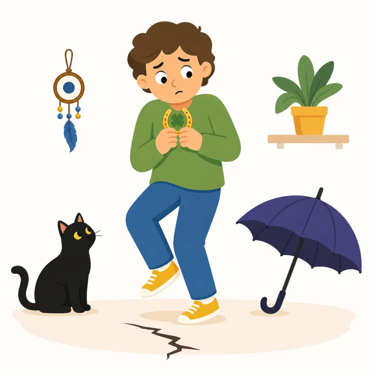 superstitious（迷信深い・形容詞）の覚え方イラスト — 中心は名詞 superstition「迷信」