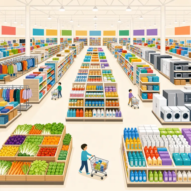 superstore（大型店、大型スーパー・名詞）の覚え方イラスト — store「店」が分かれば、superstore は「普通の店を超える規模の店」と押さえやすいです