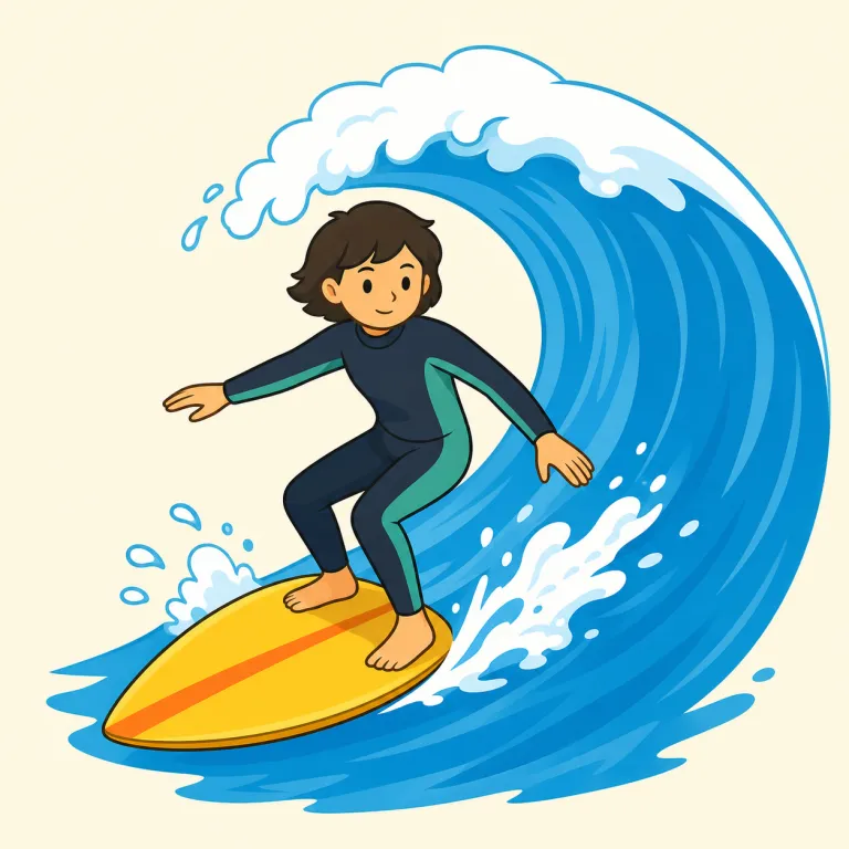 surf（サーフィン・動詞）の覚え方イラスト — surf は英語では動詞として「サーフィンをする」と一語で言える点を押さえましょう