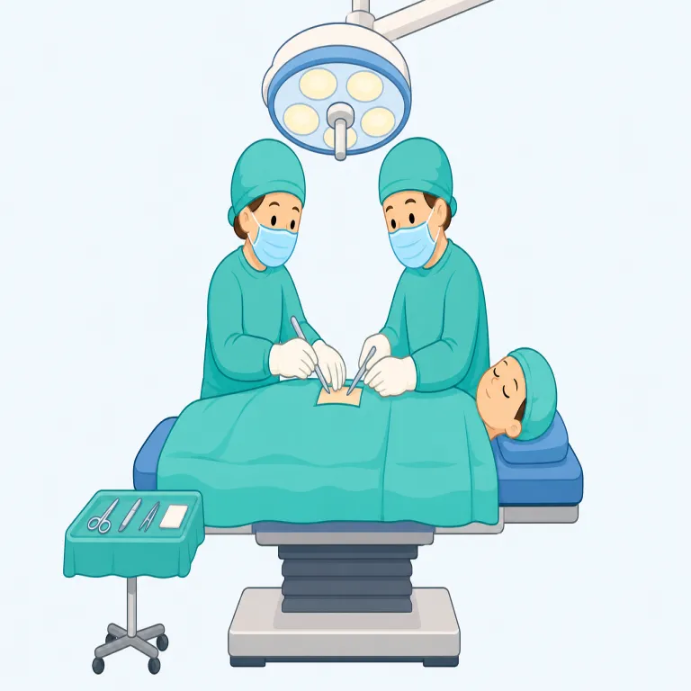 surgery（手術・名詞）の覚え方イラスト — surgery は、病院で体を切開したり修復したりする具体的な医療行為としての「手術」を指します