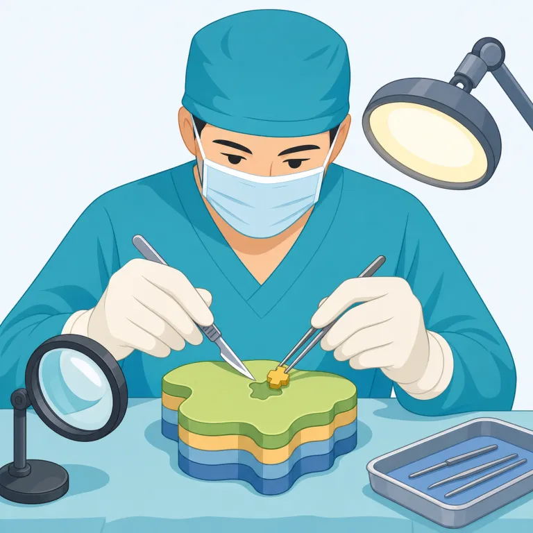 surgically（手術によって・副詞）の覚え方イラスト — surgically は surgery（手術）から考えると覚えやすい語です