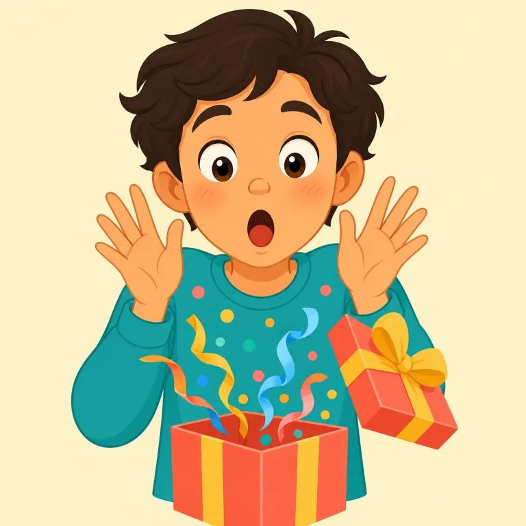 surprised（驚いた・形容詞）の覚え方イラスト — 動詞 surprise（驚かせる）の過去分詞から生まれた形容詞で、「驚かされた」→「驚いた」と考えると -ed になる理由が腑に落ちます