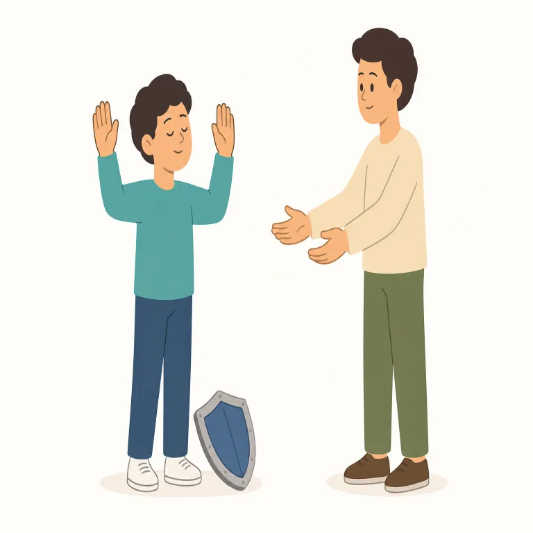 surrender to（降伏する・句動詞）の覚え方イラスト — surrender は give up より重く、「抵抗をやめて相手に主導権を渡す」感じ