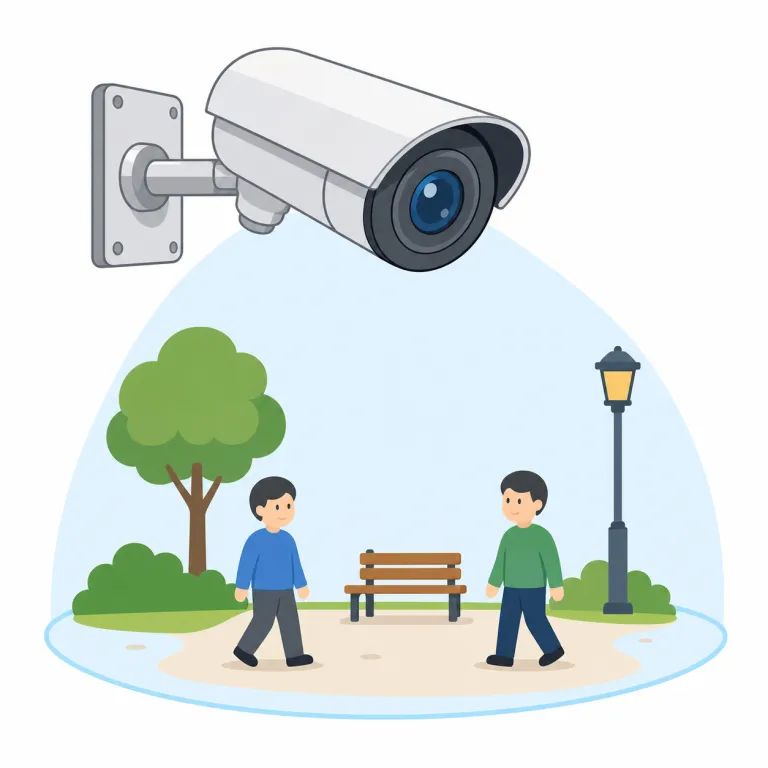 surveillance（監視・名詞）の覚え方イラスト — observe や watch が「見る」なら、surveillance はもっと重く、カメラ・警察・政府などが対象を継続的に監視する語