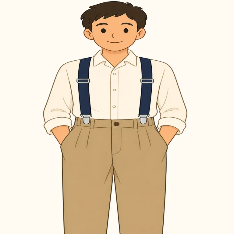 suspender（サスペンダー・名詞）の覚え方イラスト — suspender は suspend「つるす、ぶら下げる」とつなげて、ズボンを肩からつって支える道具として覚えます