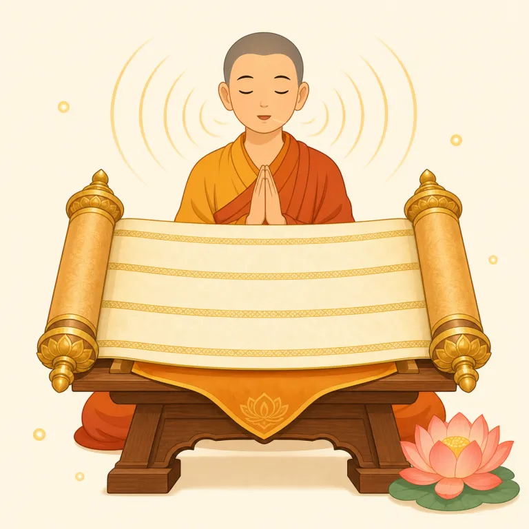 sutra（お経・名詞）の覚え方イラスト — sutra は仏教やインド思想の文脈で出る「経・聖典」