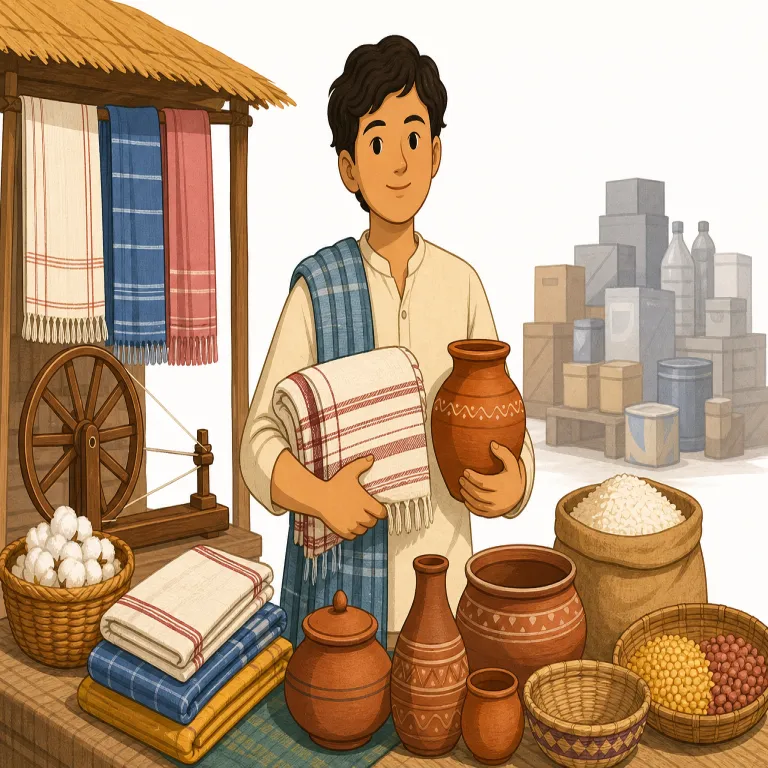swadeshi（スワデシ（国産品愛用運動）・名詞）の覚え方イラスト — swadeshi は単語だけで暗記するより、「外国製を避け、地元で作られた物を選ぶ」という買い物の場面で結びつけると残りやすい