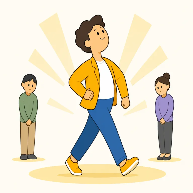 swaggering（尊大な、威張った態度の・形容詞）の覚え方イラスト — swaggering は、ただ confident なのではなく、それを周囲に見せつける感じまで含むと覚える