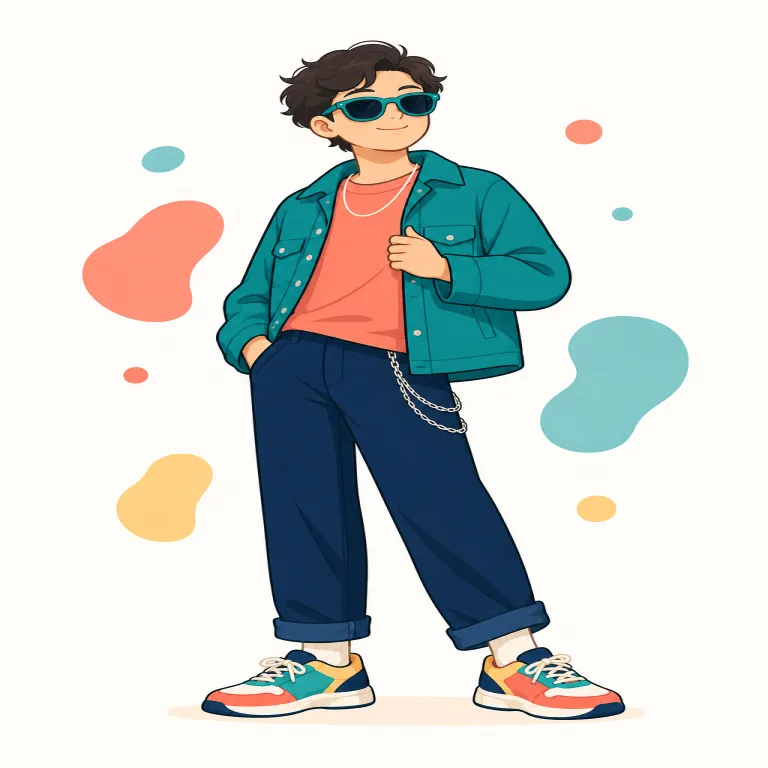 swaggy（スタイリッシュで自信満々な・形容詞）の覚え方イラスト — swaggy は stylish や cool よりも、「見た目＋態度＋自信」が一体になったかっこよさを表す俗語として覚えると残りやすいです