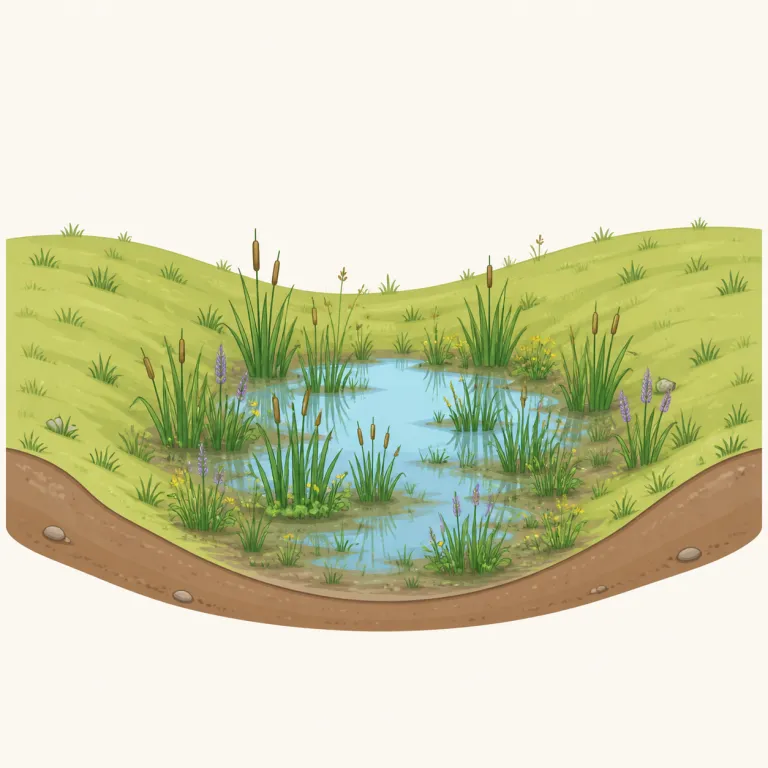swale（湿地・名詞）の覚え方イラスト — swale は、まず shape を表す語として覚えると残りやすいです