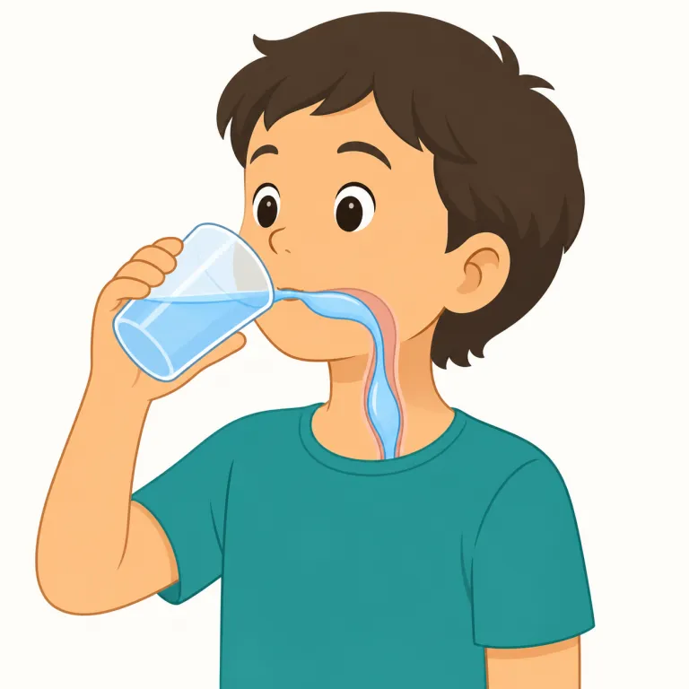 swallow（飲み込む・動詞）の覚え方イラスト — swallow は eat や drink の行為全体ではなく、口に入れたものを「ごくん」と下へ送る段階を表します