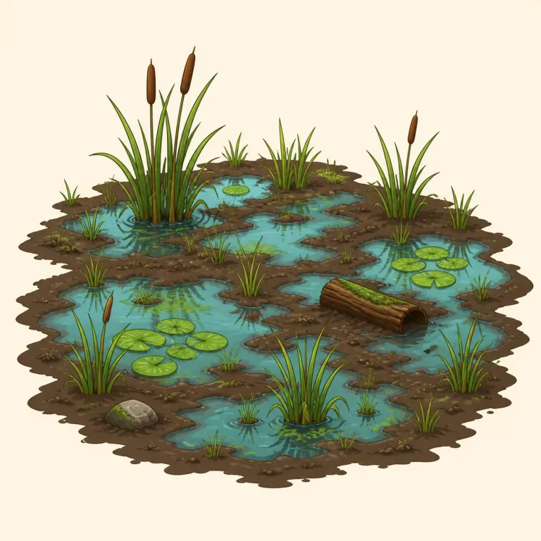 swampy（沼地のような・形容詞）の覚え方イラスト — まず名詞 swamp「沼」を先に固定し、形容詞を作る -y を「〜っぽい／〜だらけ」と見れば、swampy はそのまま「沼っぽい状態」と取れます