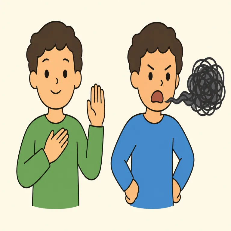 swear（誓う、悪態をつく・動詞）の覚え方イラスト — swear は「強い言葉を口にする」が芯だと覚えると、二つの意味がつながる
