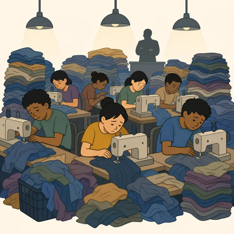sweatshop（搾取工場・名詞）の覚え方イラスト — sweat と shop を見て、「汗だくで働かされる作業場」という場面を映像で覚えると残りやすい語です