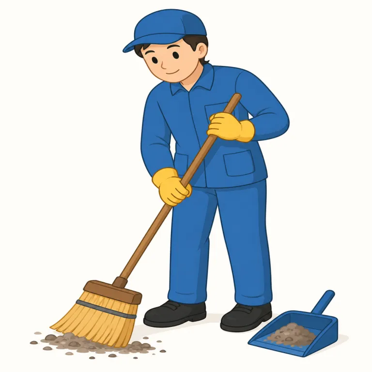 sweeper（掃除人・名詞）の覚え方イラスト — sweeper は sweep「掃く」に -er「する人」が付いた形として、床や道路を掃く係の人を思い浮かべると覚えやすい語です