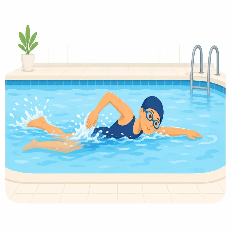 swim（泳ぐ・動詞）の覚え方イラスト — swim は「水の中を自力で進む」動詞として、場所なら in the pool、移動なら across the river、到達点なら to the shore と結びつけて覚えると整理しやす…