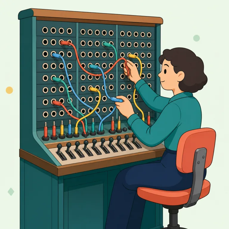 switchboard（電話交換台・名詞）の覚え方イラスト — switch は「切り替える」、board は「盤・台」と考えると、switchboard は「接続先を切り替えるための台」と捉えられます