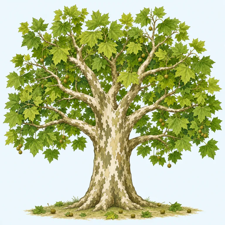 sycamore（プラタナス・名詞）の覚え方イラスト — 木の名前は単体だと埋もれやすいので、sycamore は「街路樹として見る大きな広葉樹」の箱で覚えると残りやすいです