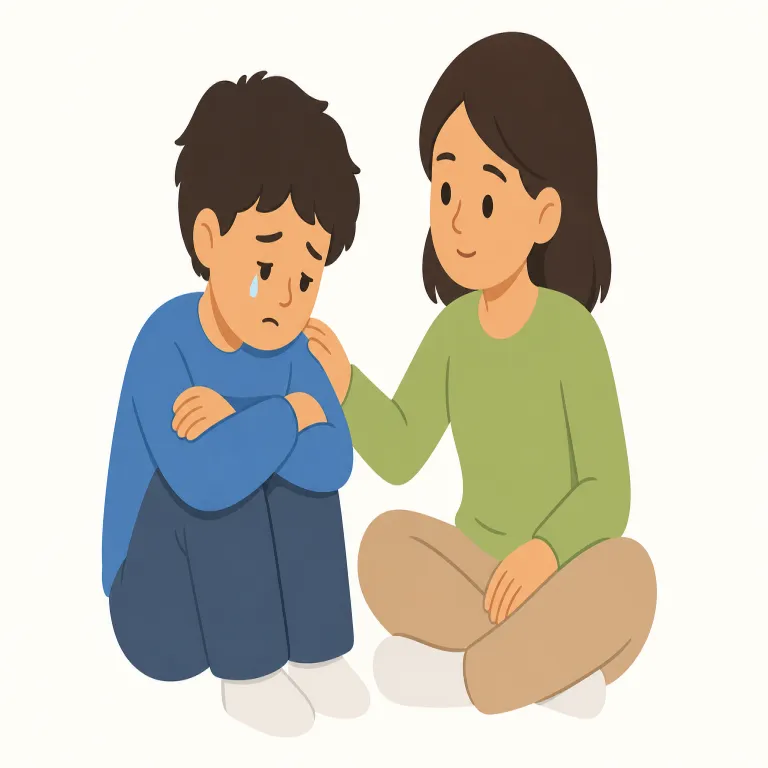 sympathetic（同情的な・形容詞）の覚え方イラスト — これは sympathetic の「思いやりのある」という広い基本義とは別に、相手の苦しみや不幸に対して同情を示す意味として覚える