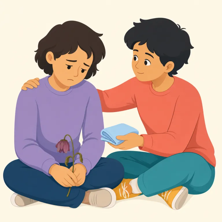 sympathetically（同情的に・副詞）の覚え方イラスト — sympathetic を知っていれば、-ly が付いて「同情的な態度で」という副詞だと取りやすい