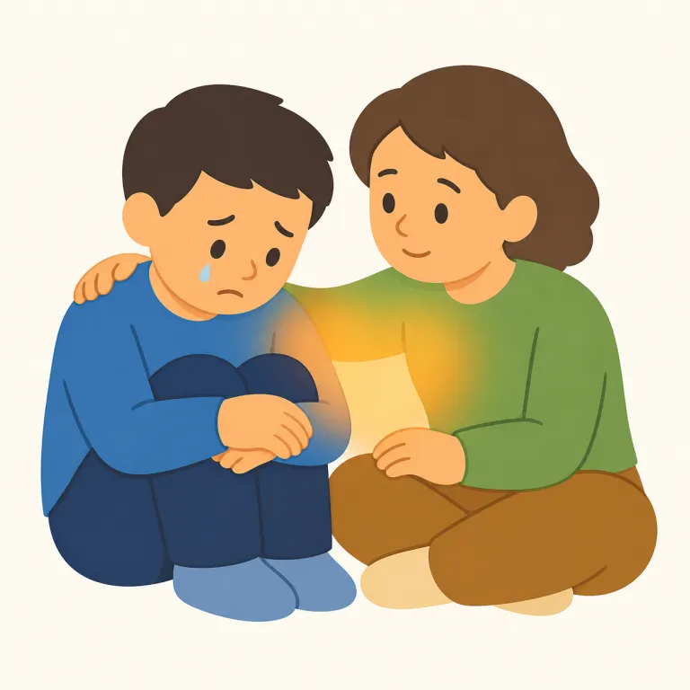 sympathize（同情する・動詞）の覚え方イラスト — sympathize は、相手の不幸やつらさを気の毒に思い、思いやりを示す「同情する」です