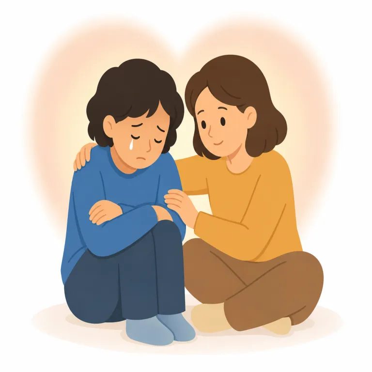 sympathizing（同情する・動詞）の覚え方イラスト — sympathizing は sympathize の進行形・動名詞で、相手の苦しみや悲しみに心を寄せて「同情している／同情すること」を表します