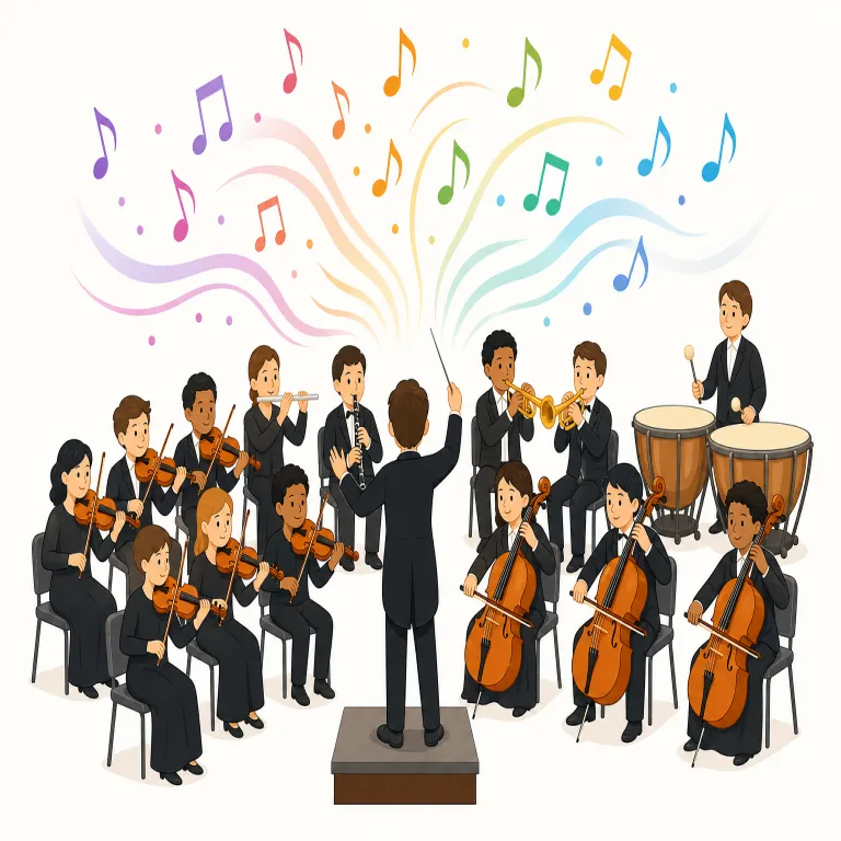 symphony（交響曲・名詞）の覚え方イラスト — symphony の「交響曲」は、phon「音」と sym-「共に」から「多くの音が一緒に鳴る大きな楽曲」と考えると覚えやすいです